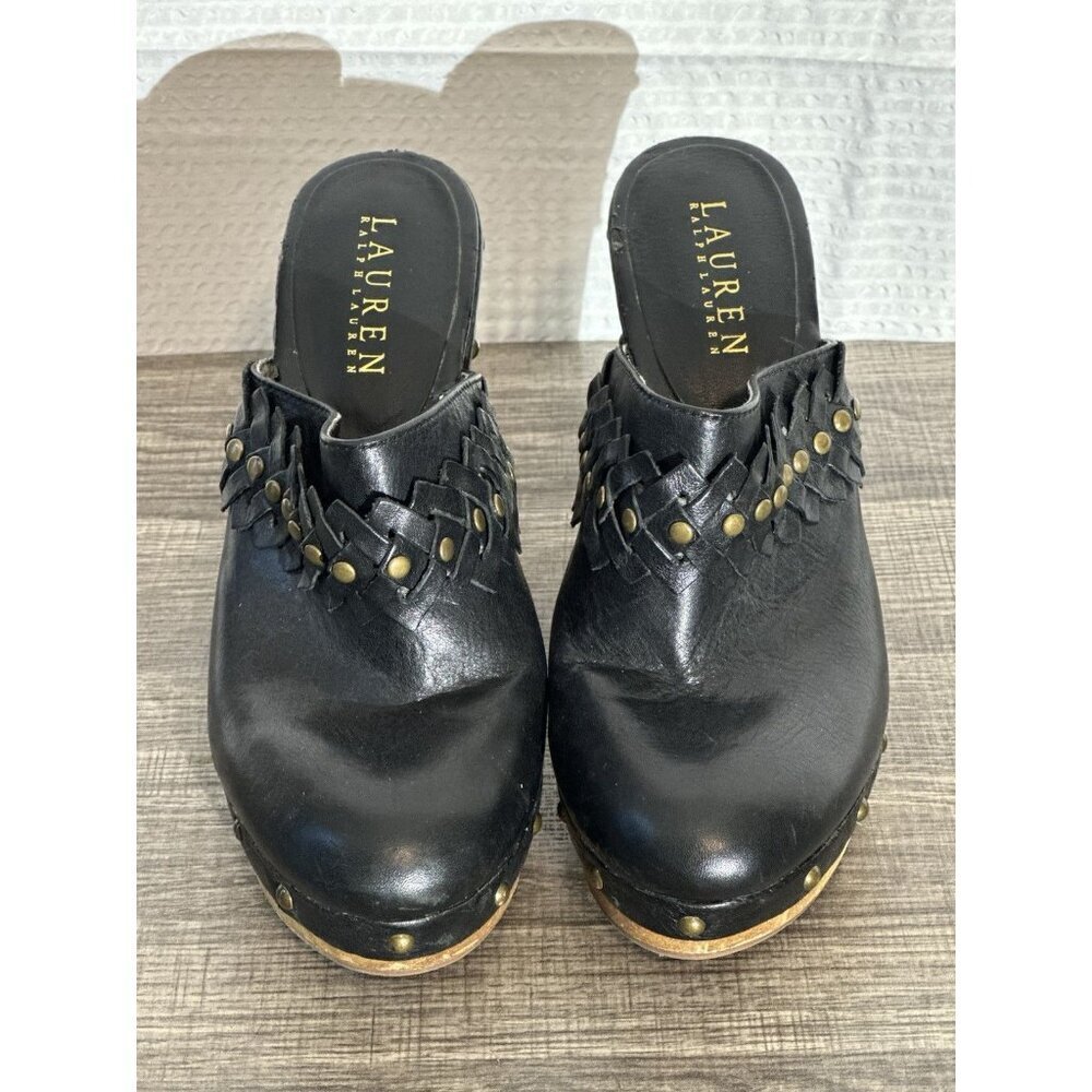 Lauren Ralph Lauren Women's Leather Black Mule Clogs SHAYLA Wood‎ Heels Size 7.5